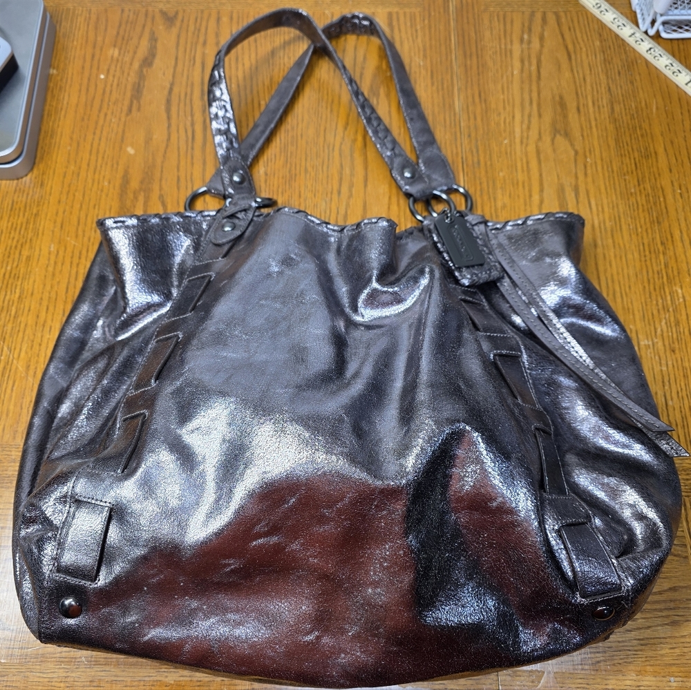 Coach Dylan Limited Edition Metallic Cracked Leather Gun Metal Gray Tote